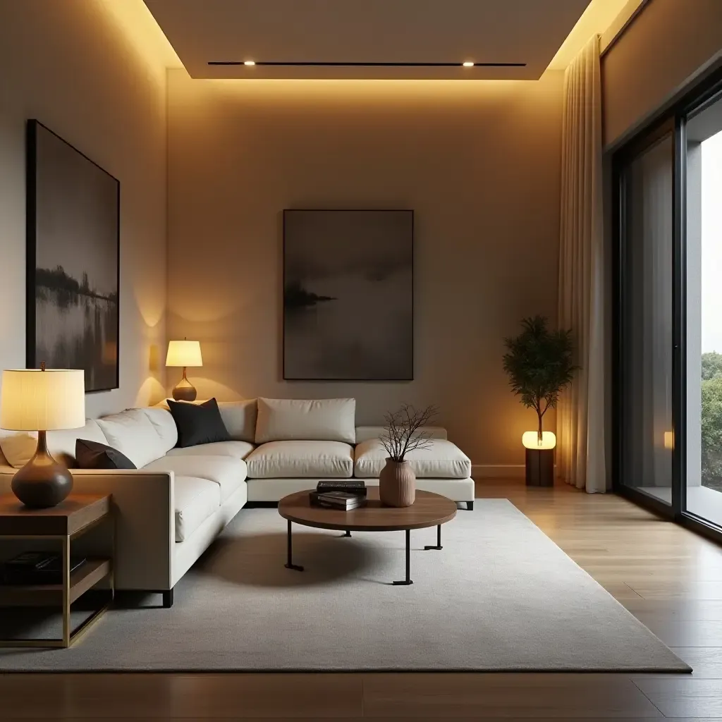 a photo of a minimalist living room with elegant furniture and ambient lighting