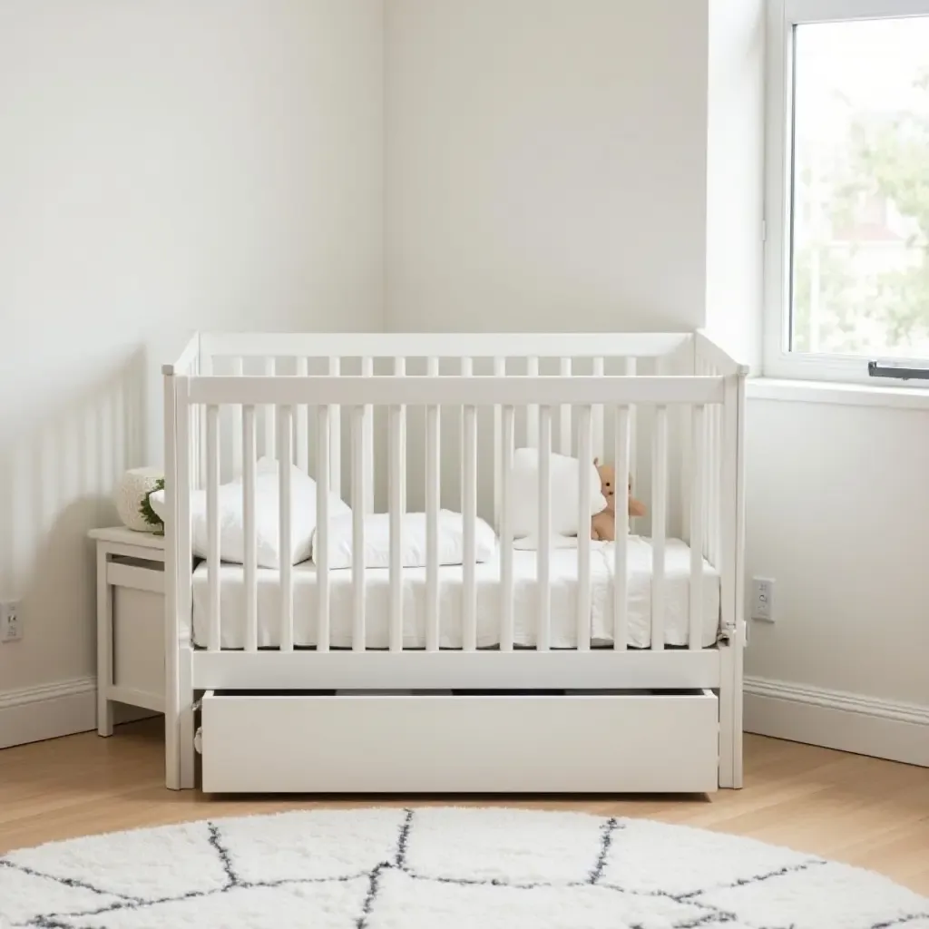 a photo of a nursery with a multi-functional storage ottoman