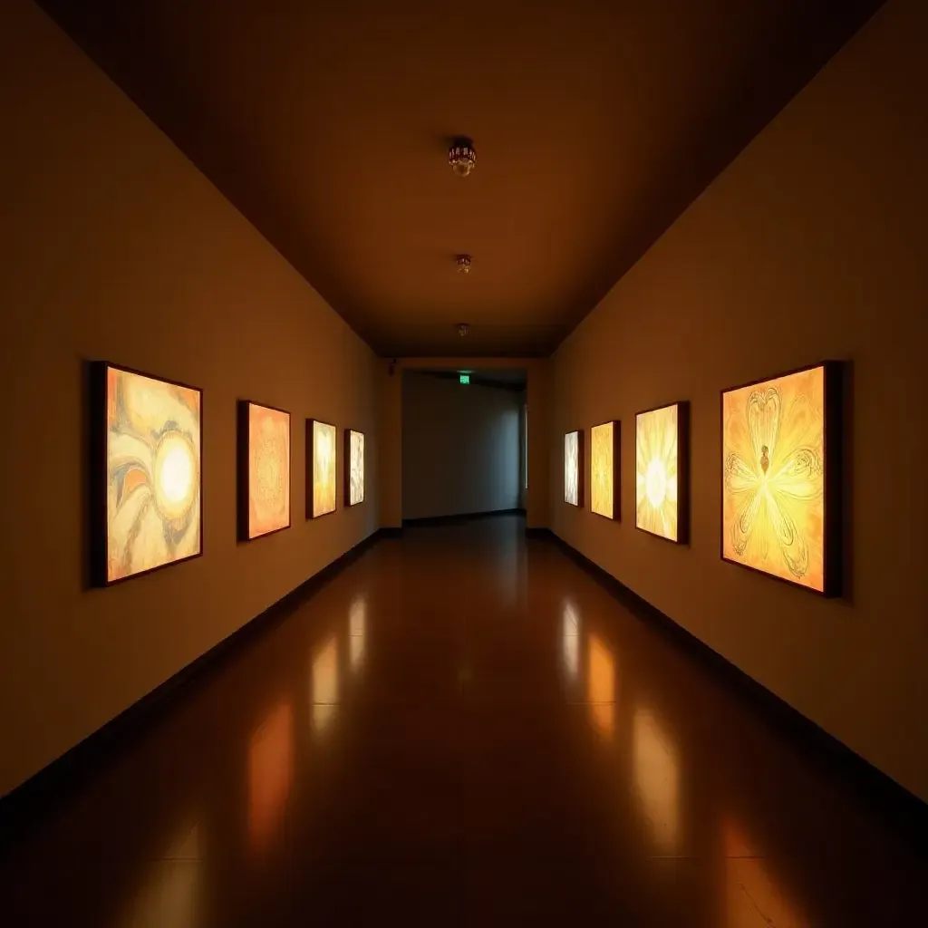 a photo of a corridor with illuminated art pieces on the walls