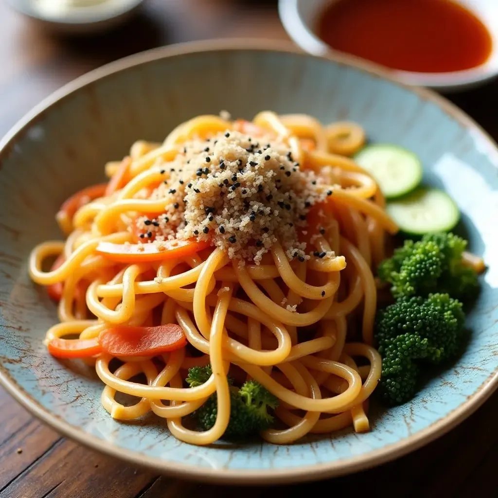 a photo of a colorful plate of yakisoba noodles stir-fried with vegetables and topped with bonito flakes.