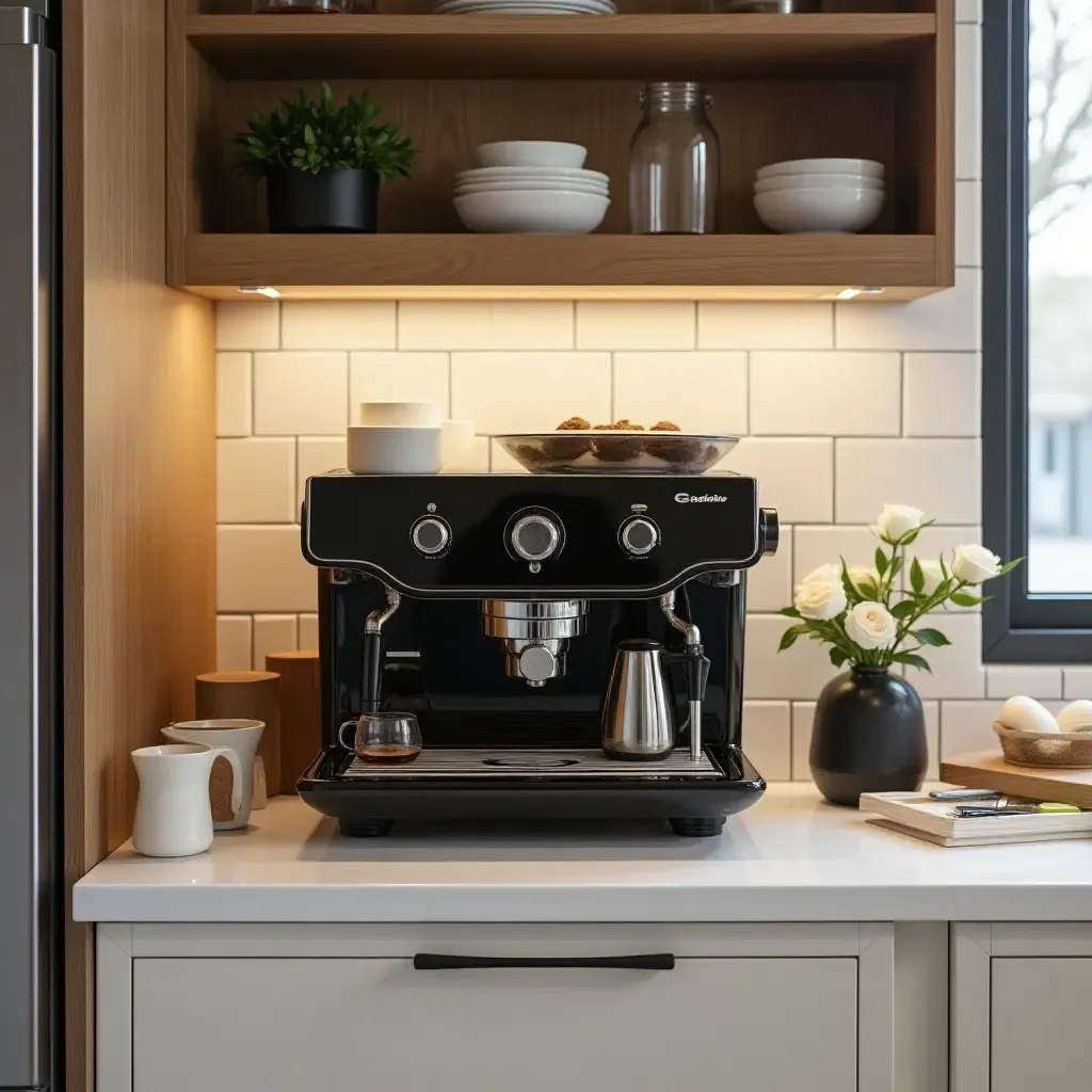 a photo of a functional coffee station with a built-in espresso machine