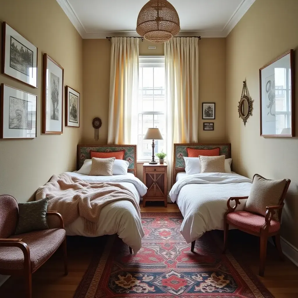 a photo of a shared bedroom with a bohemian vibe and eclectic furnishings