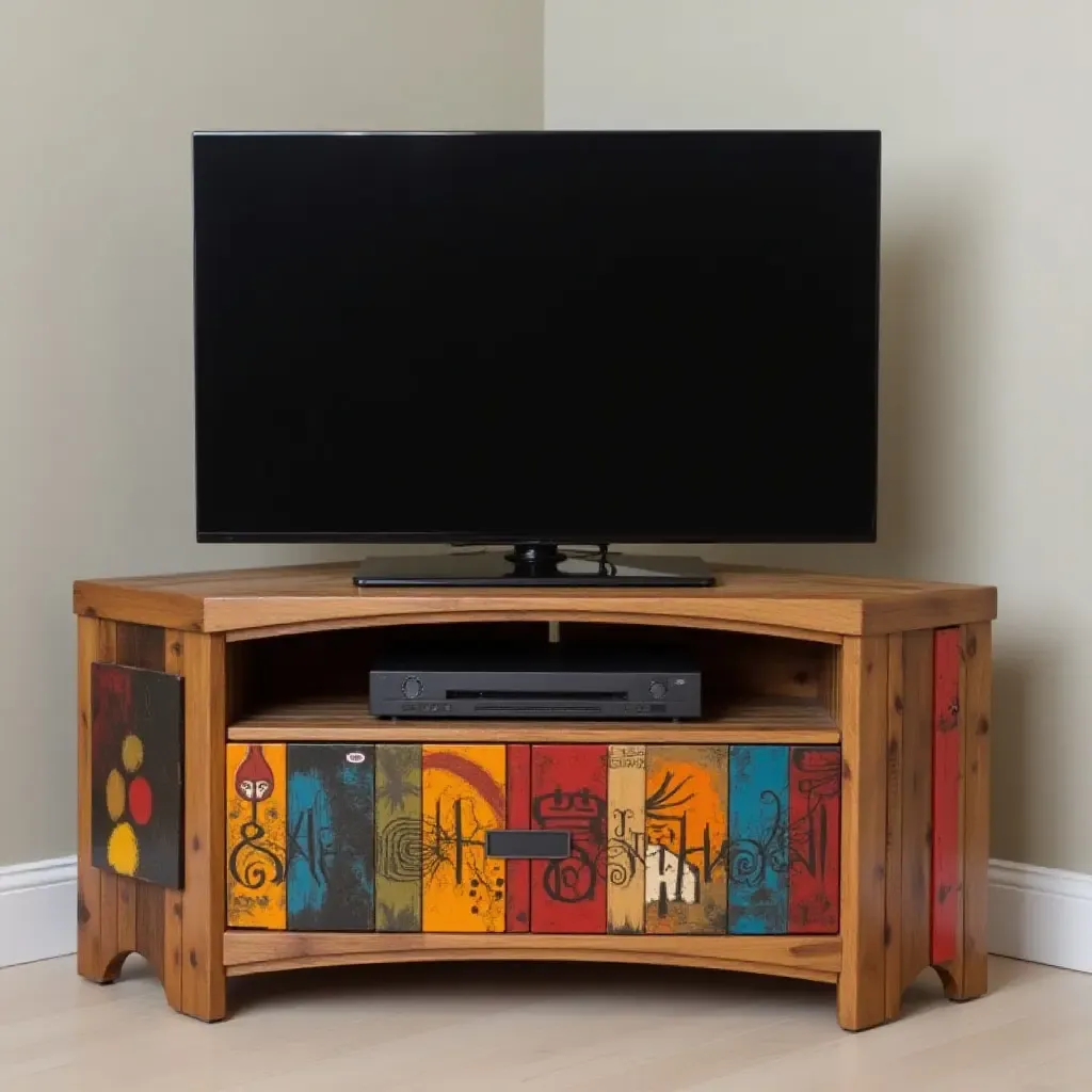 a photo of a corner TV stand made from reclaimed wood with vibrant artwork