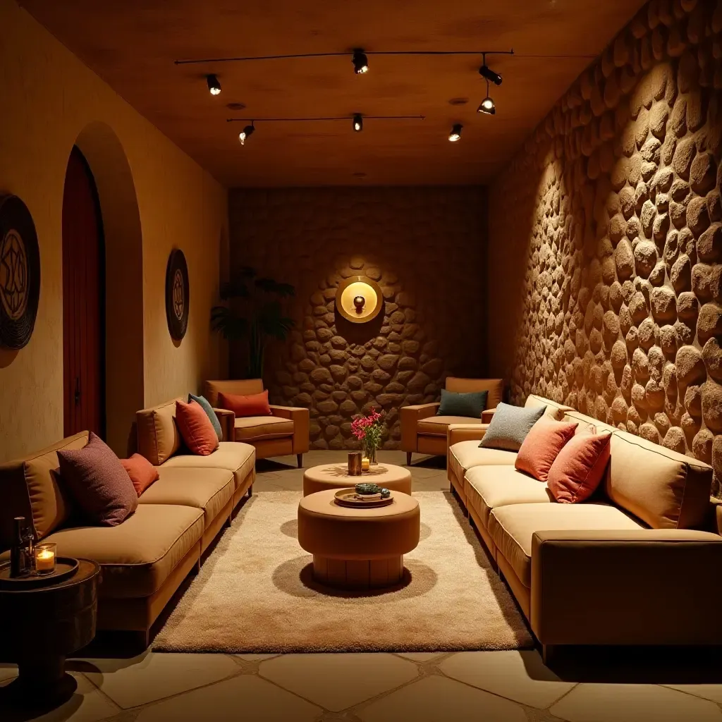 a photo of a basement with a warm ambiance and inviting seating