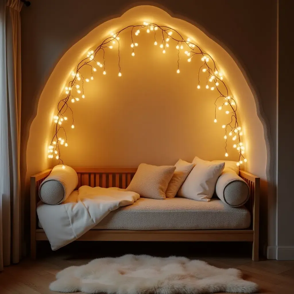 a photo of a reading nook featuring a soft daybed and fairy lights