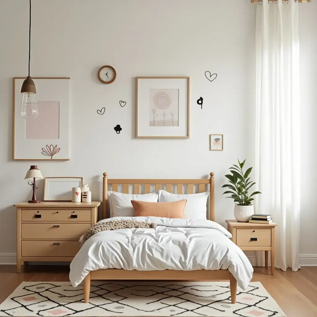 a photo of a playful bedroom incorporating vintage elements and modern wall decals