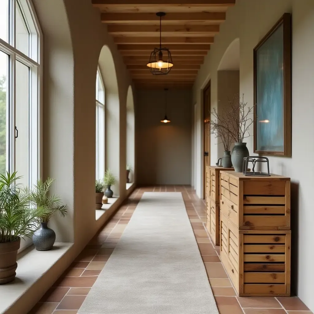 a photo of wooden crates used as decor in a corridor