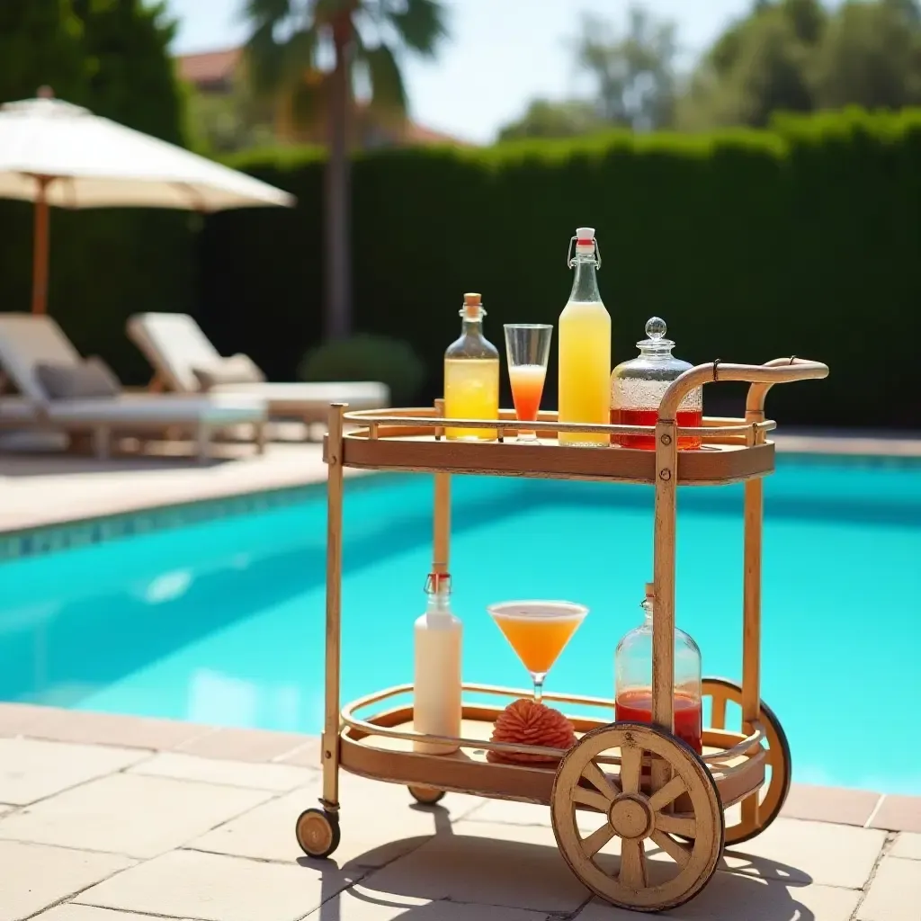 a photo of a charming poolside setting with a vintage-style bar cart and drinks