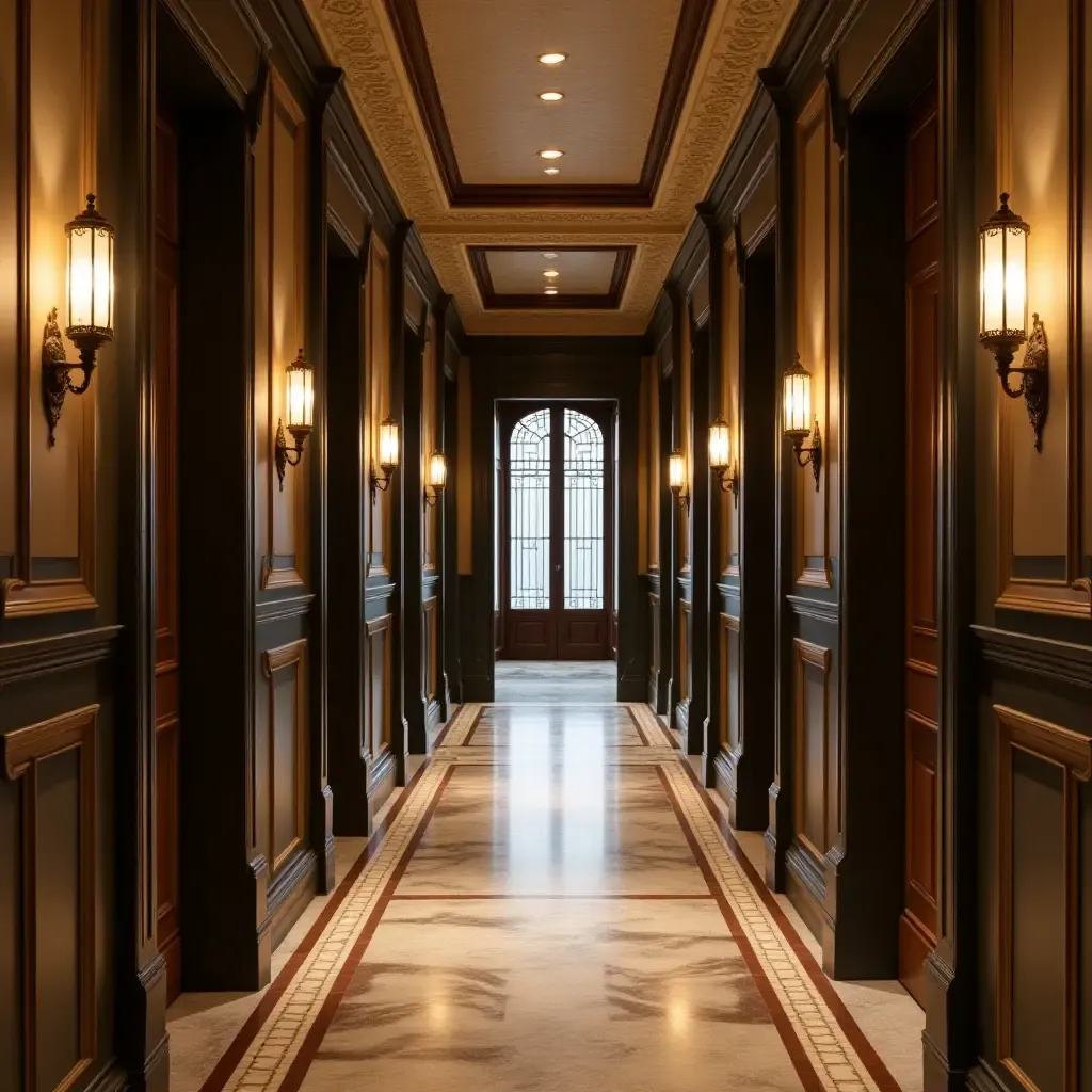 a photo of a vintage-style corridor with metallic accents and classic decor