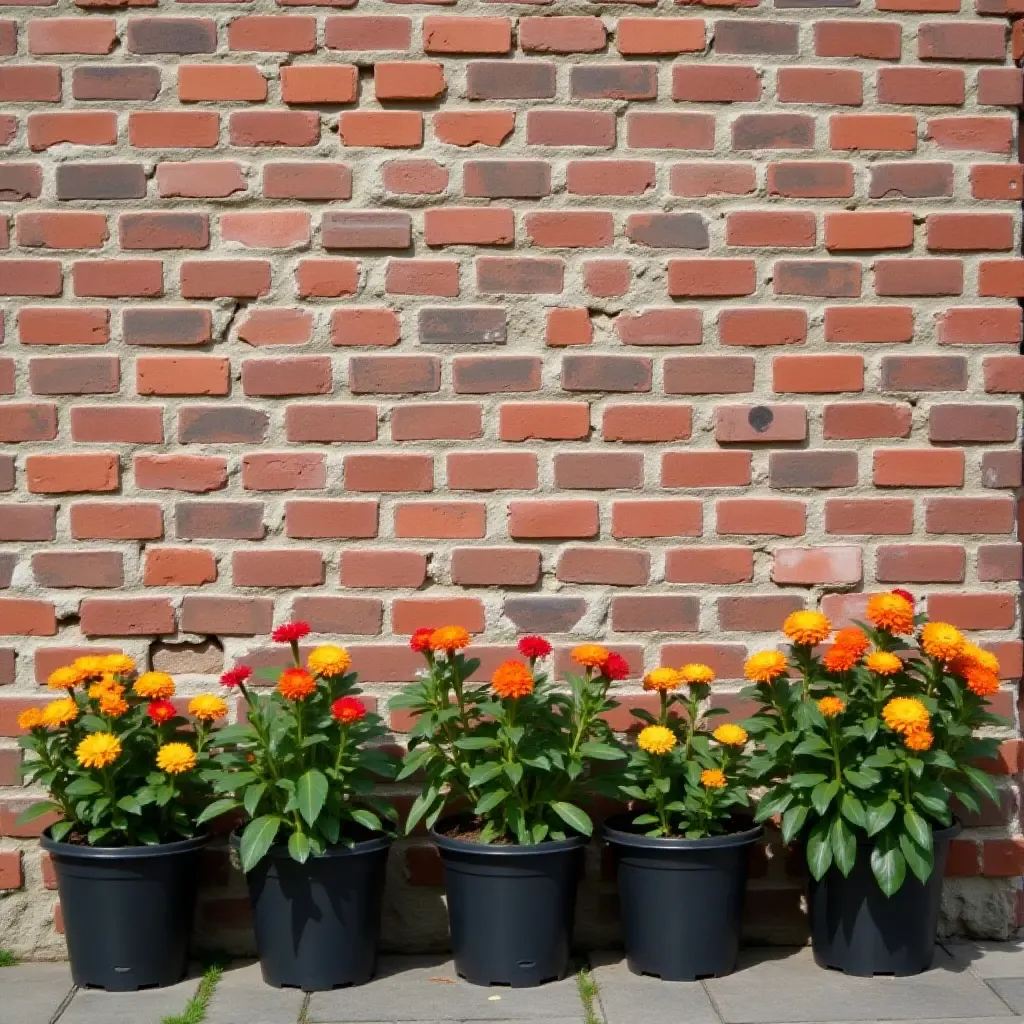 a photo of a rustic brick wall with potted flowers