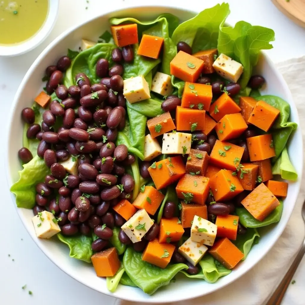 a photo of a Greek salad with roasted sweet potatoes, black beans, and a chipotle-lime dressing.