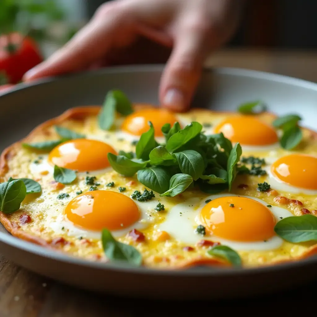 a photo of a chef creatively using eggs in a colorful breakfast omelette with fresh herbs.