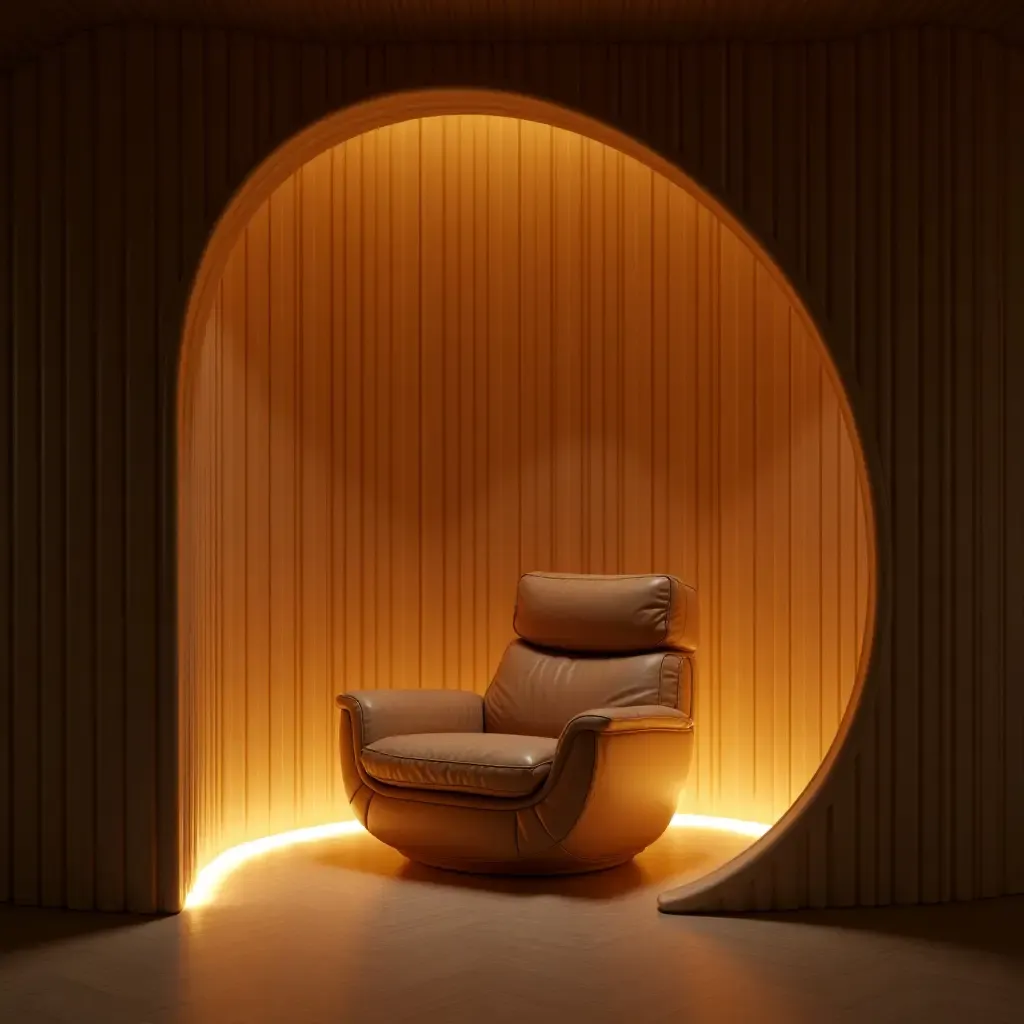 a photo of a reading nook with a unique chair design and soft ambient lighting