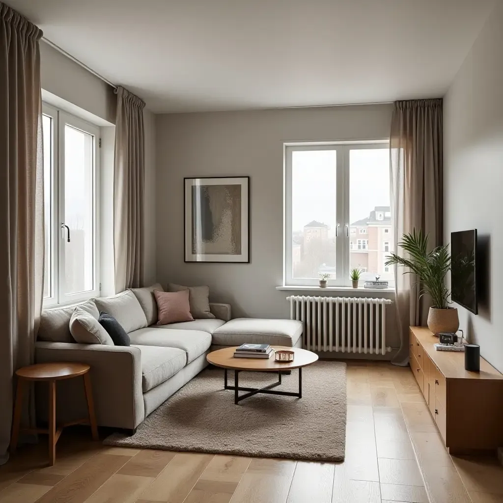 a photo of a compact living room with a modern rug and layered textures for warmth