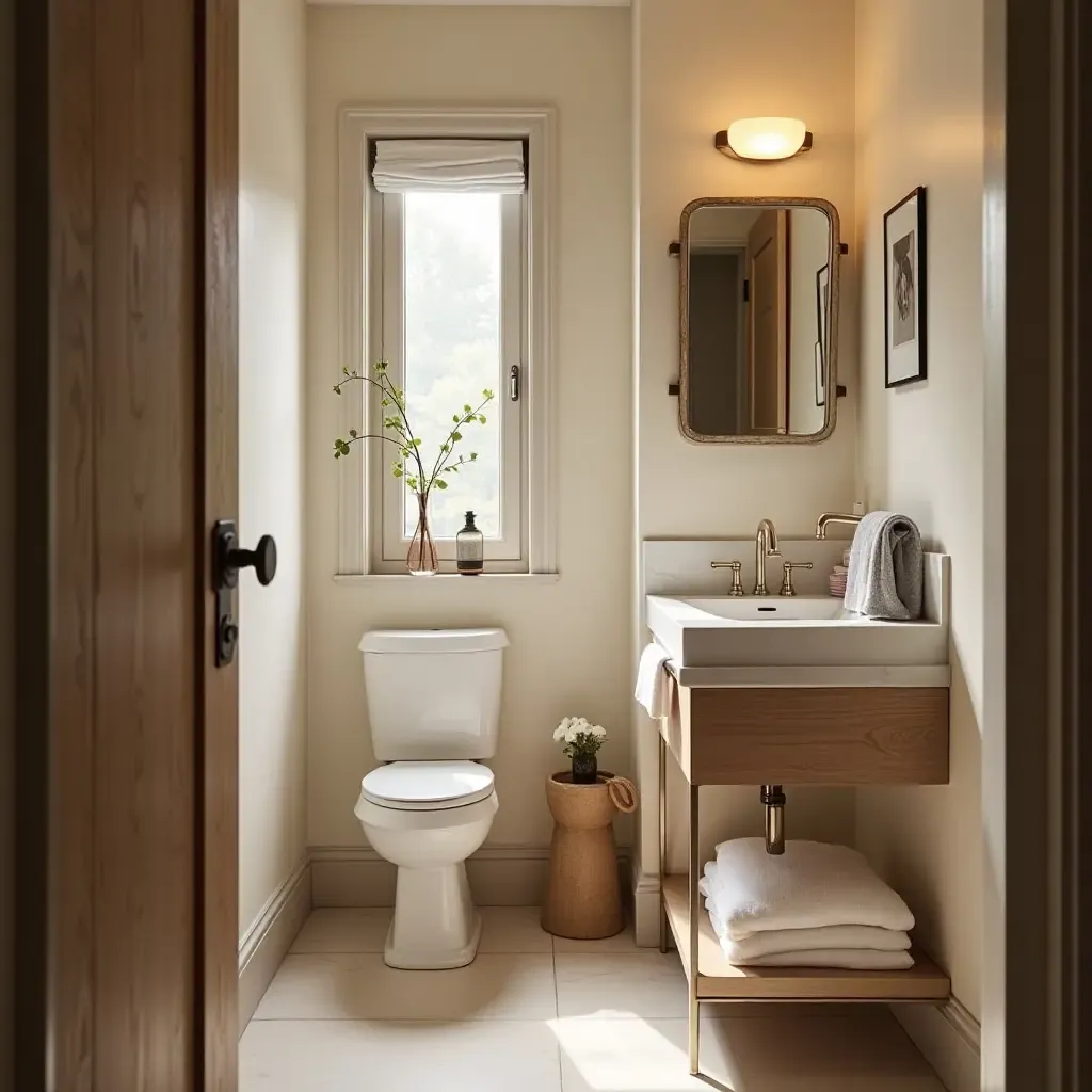 a photo of a small bathroom with layered lighting and soft textiles