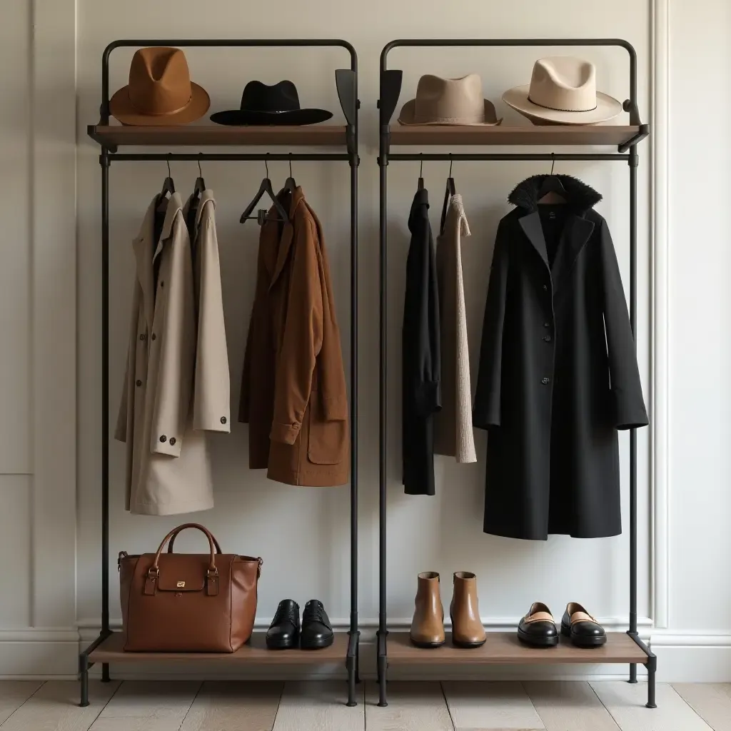 a photo of a sophisticated coat rack with designer hats