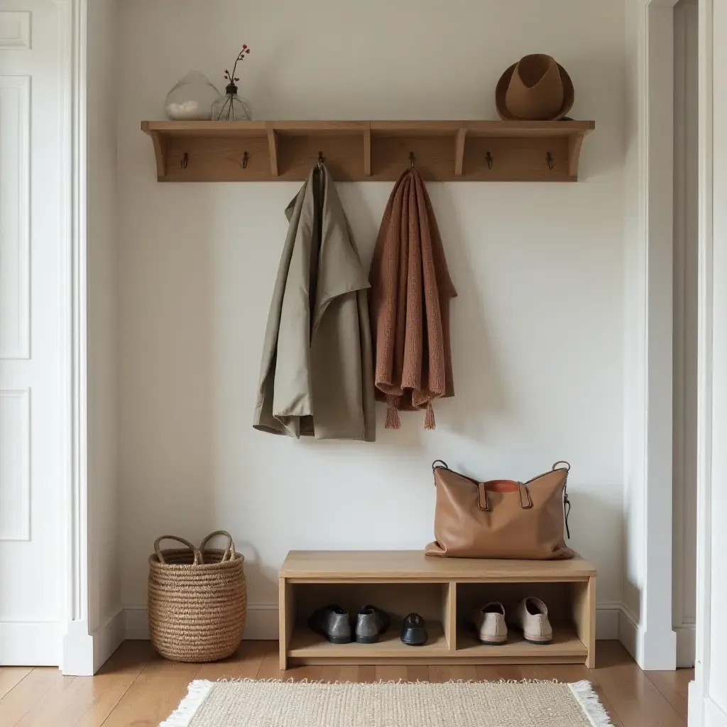 a photo of a cozy entrance hall with a minimalist coat rack and shoe storage