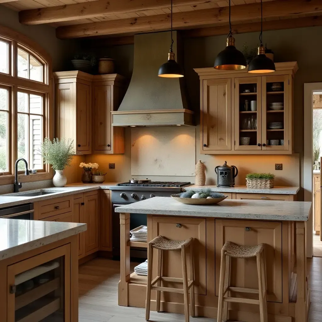 a photo of a kitchen featuring rustic wooden cabinets and a stone countertop