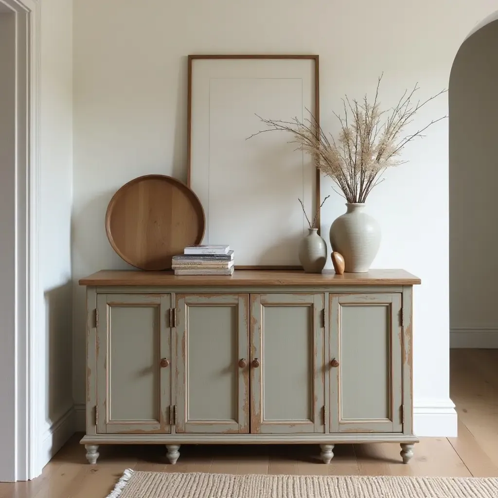 a photo of a vintage sideboard displaying decorative items in a hall