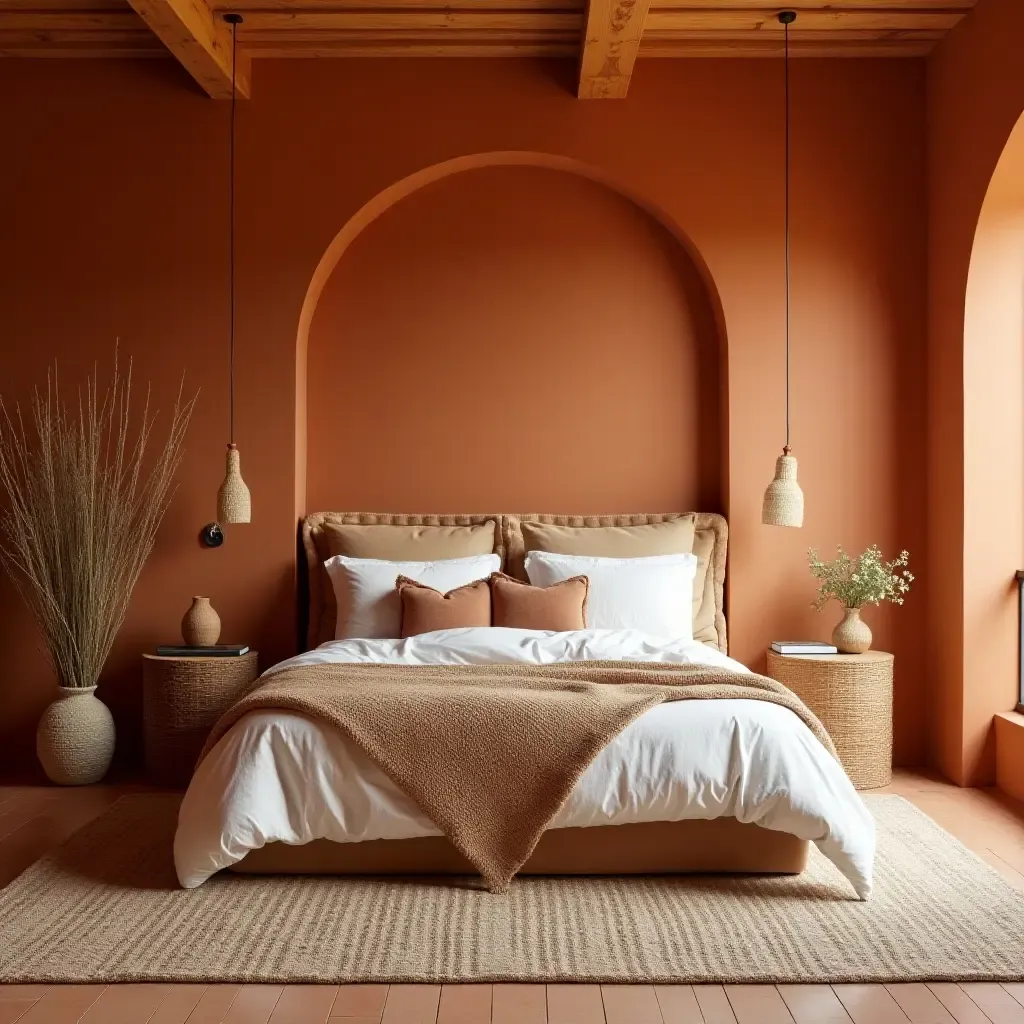 a photo of a Southwest-inspired bedroom with vibrant terracotta walls and woven textiles