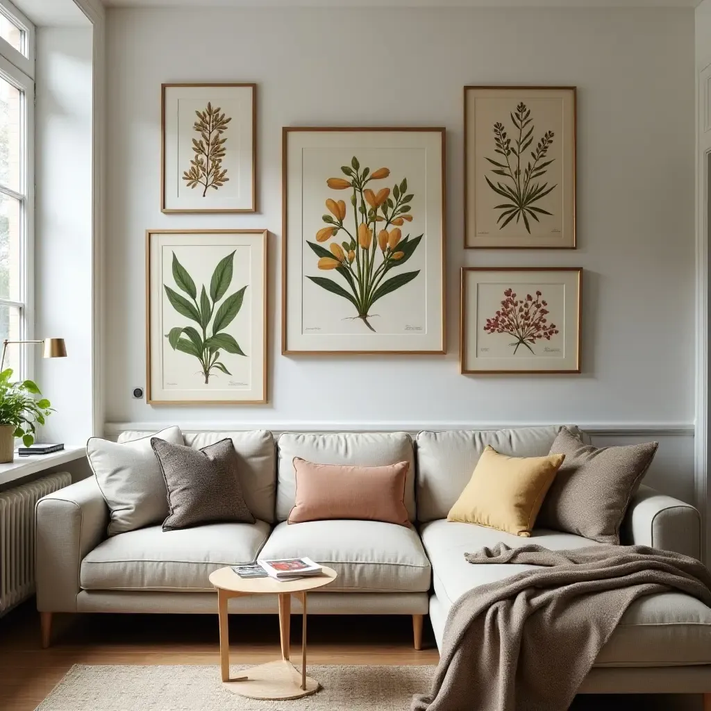 a photo of vintage botanical prints arranged in a cozy living room