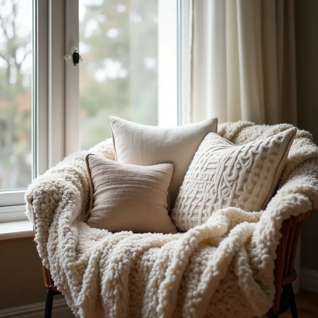 a photo of a cozy reading nook with a soft throw and pillows