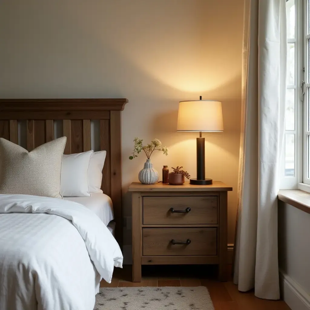 a photo of a rustic-themed bedroom with a farmhouse-style nightstand and lamp