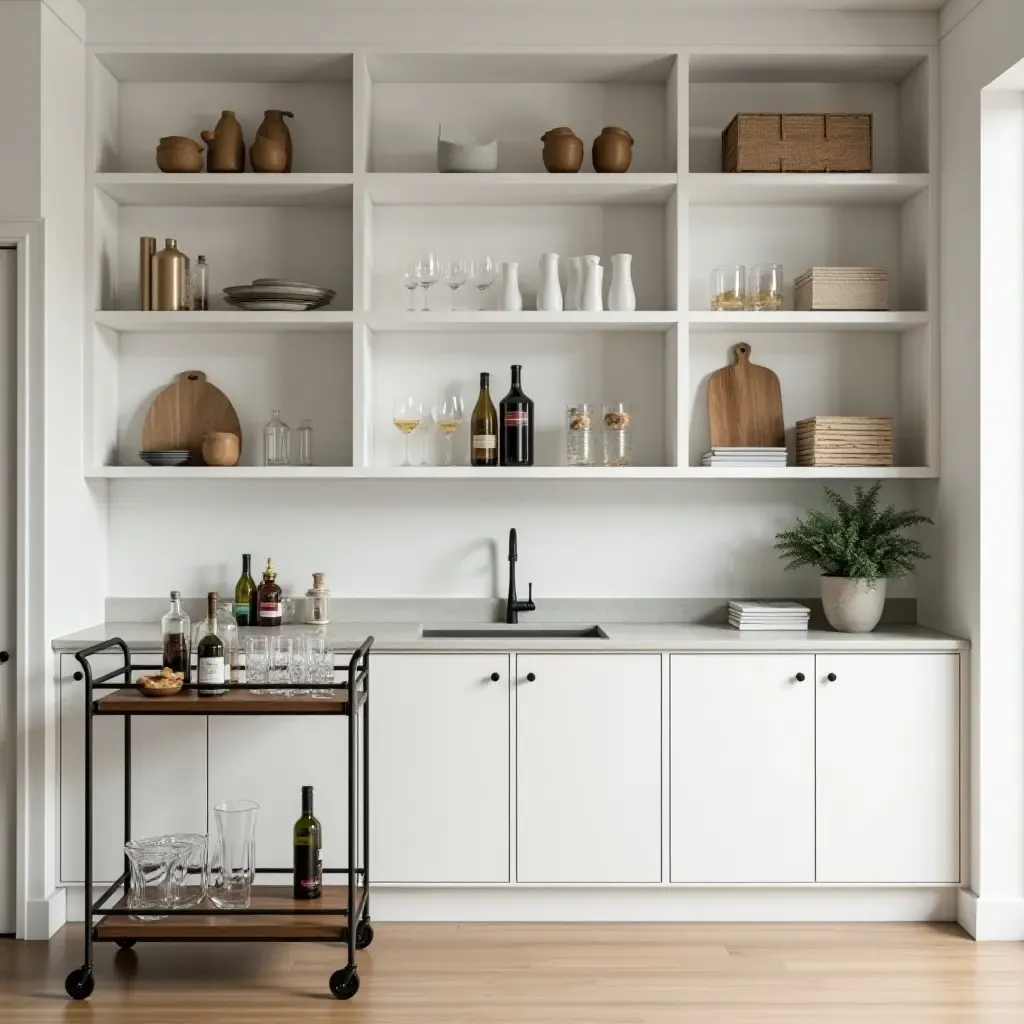 a photo of open shelving with a chic bar cart and stylish drinkware