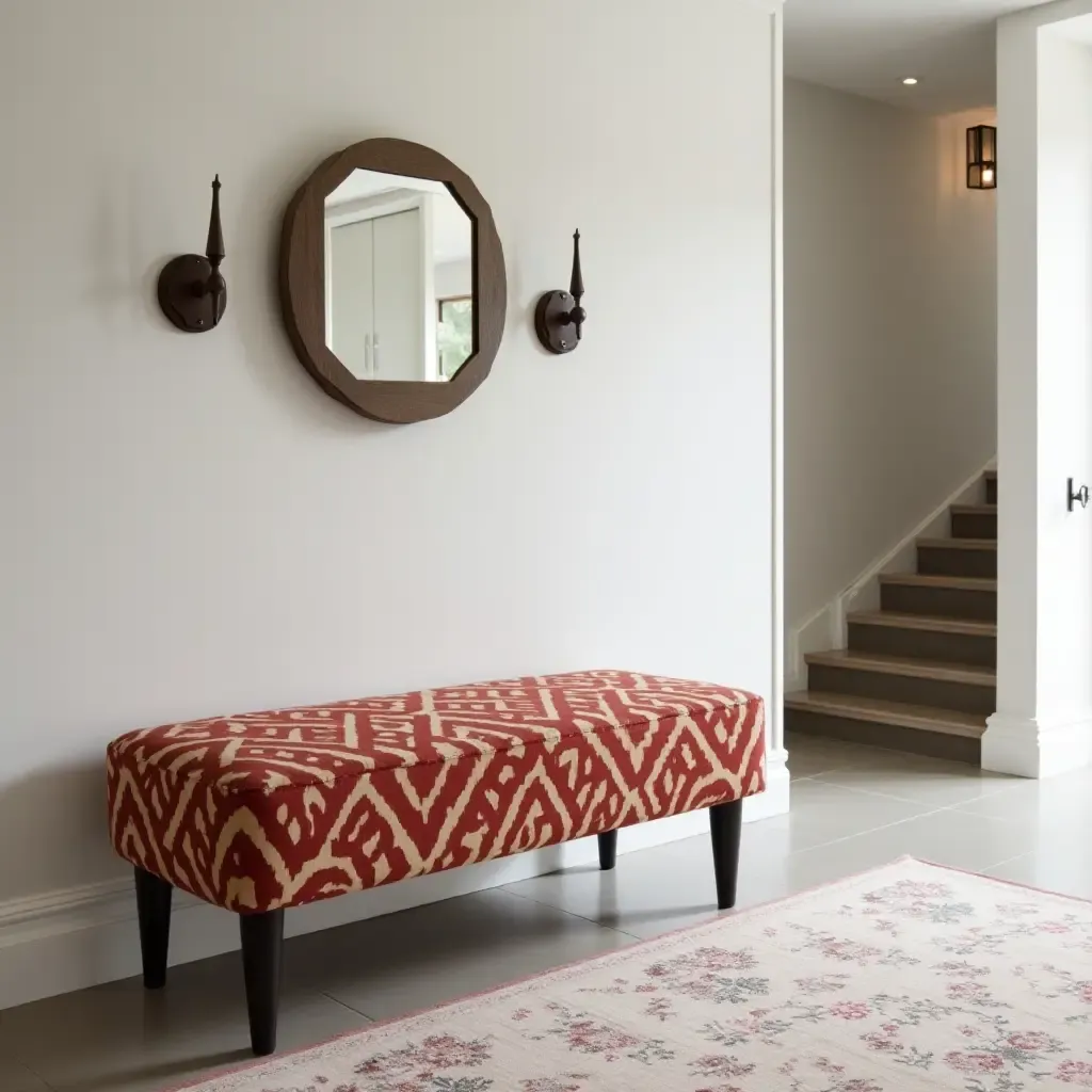 a photo of a bold patterned bench adding flair to a modern hallway