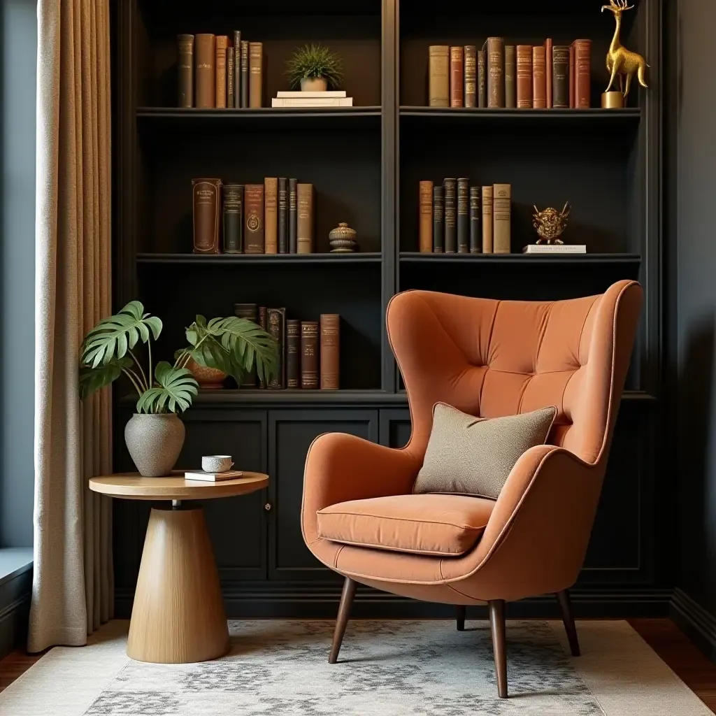 a photo of a library corner with a stylish armchair and decorative side table