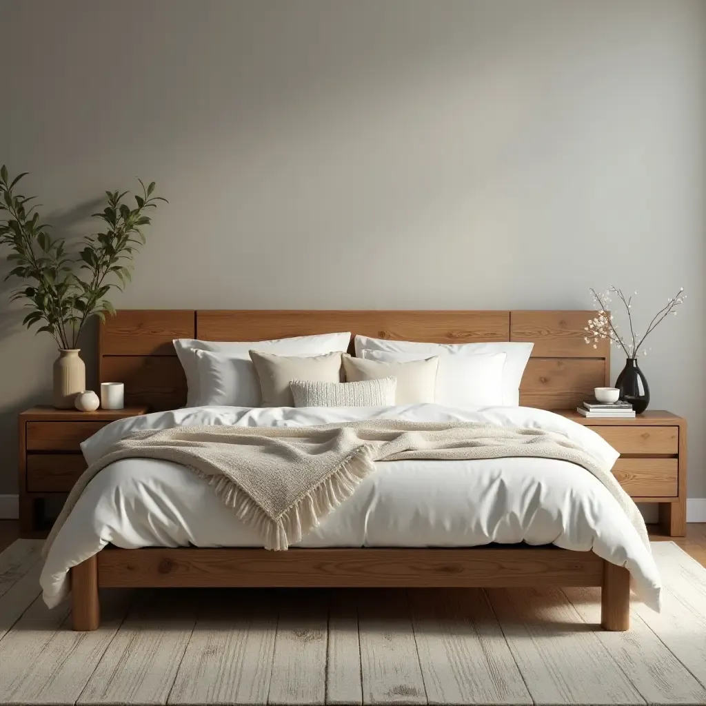 a photo of a rustic wooden bed frame adorned with soft linens