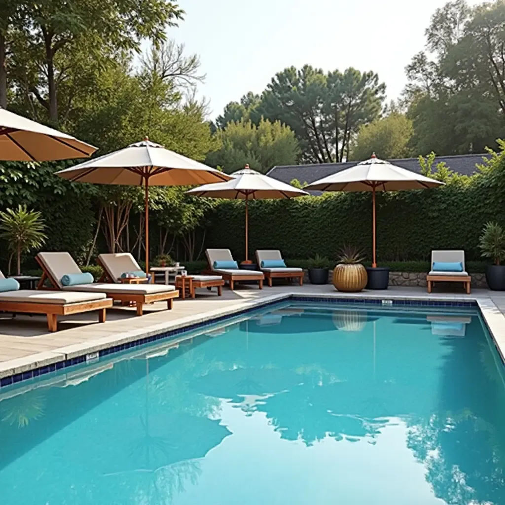 a photo of a beautifully styled pool area with metallic umbrellas and decor