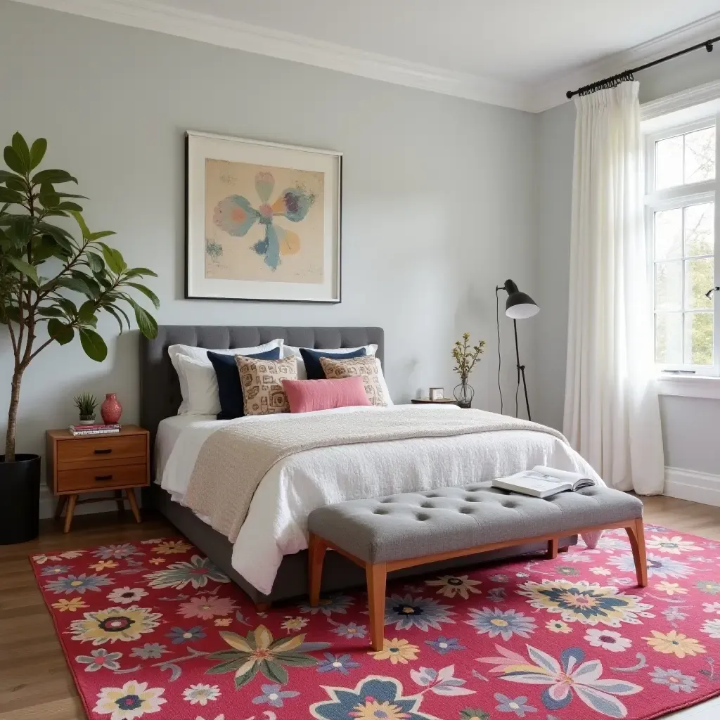 a photo of a bold floral rug in a contemporary bedroom