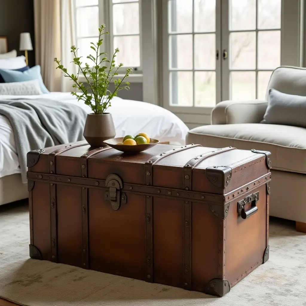 a photo of a vintage trunk used as a coffee table in the bedroom