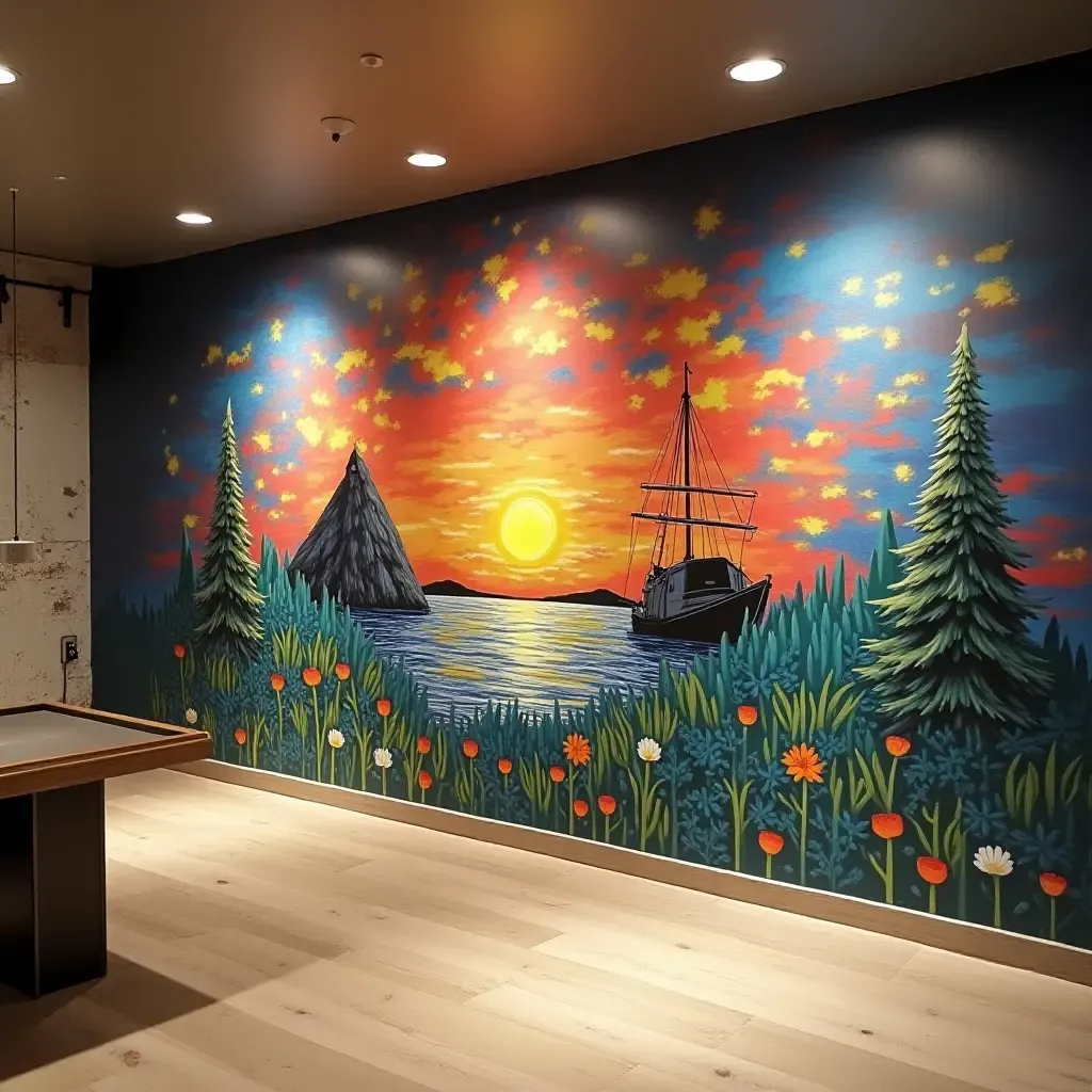 a photo of a basement wall featuring a large, inspirational mural