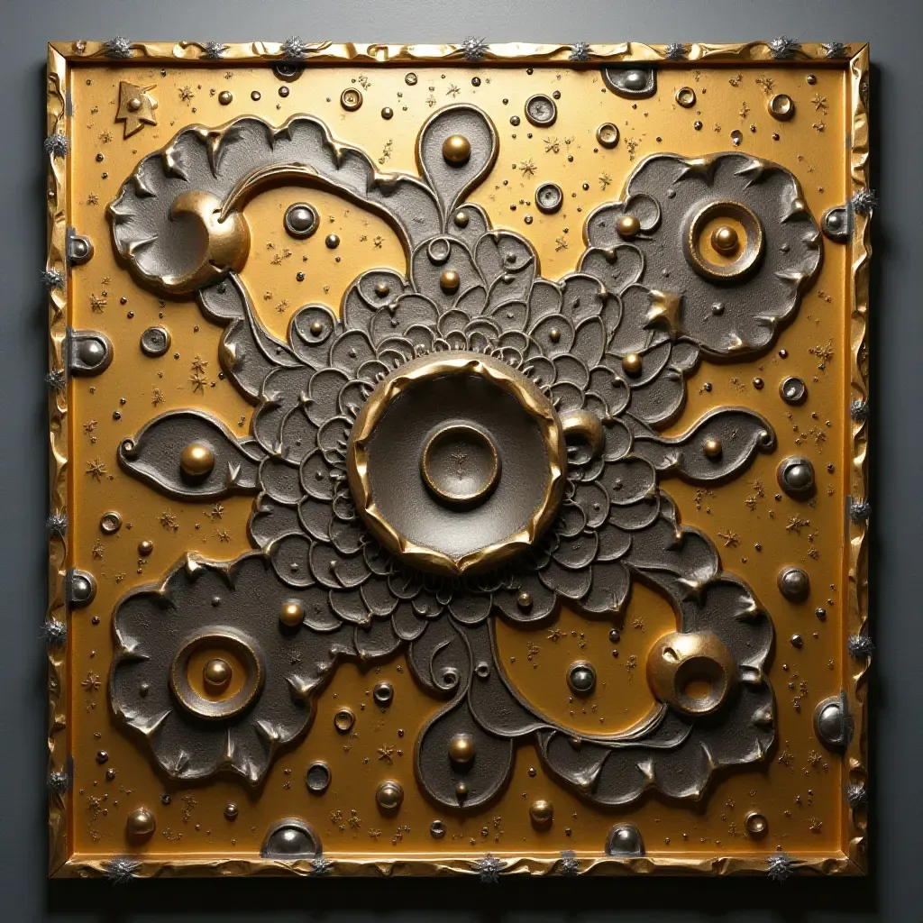 a photo of a contemporary art piece with metallic accents