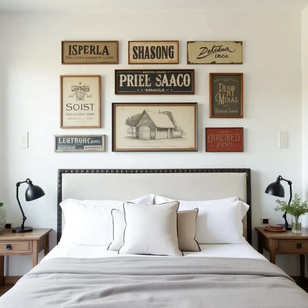 a photo of a farmhouse-style bedroom showcasing a gallery wall of vintage signs