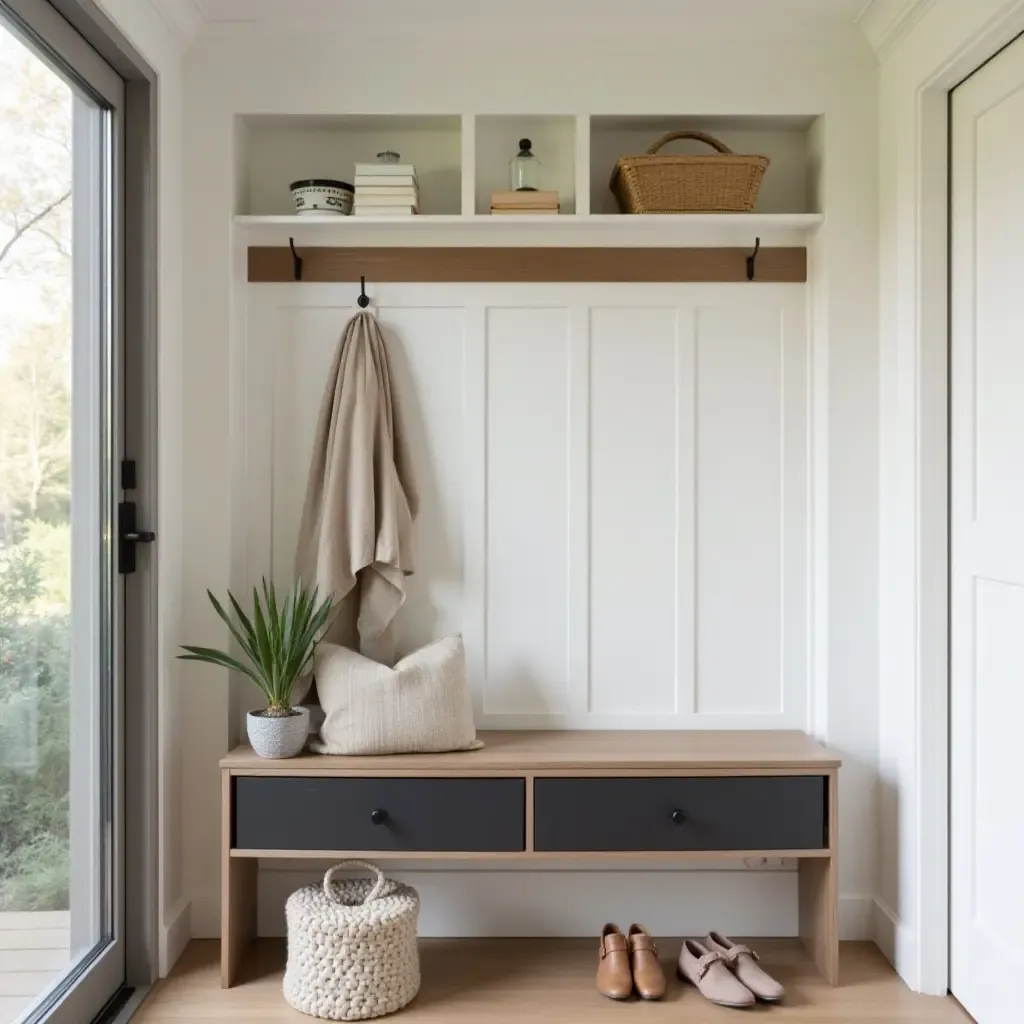 a photo of a compact entryway featuring a foldable bench