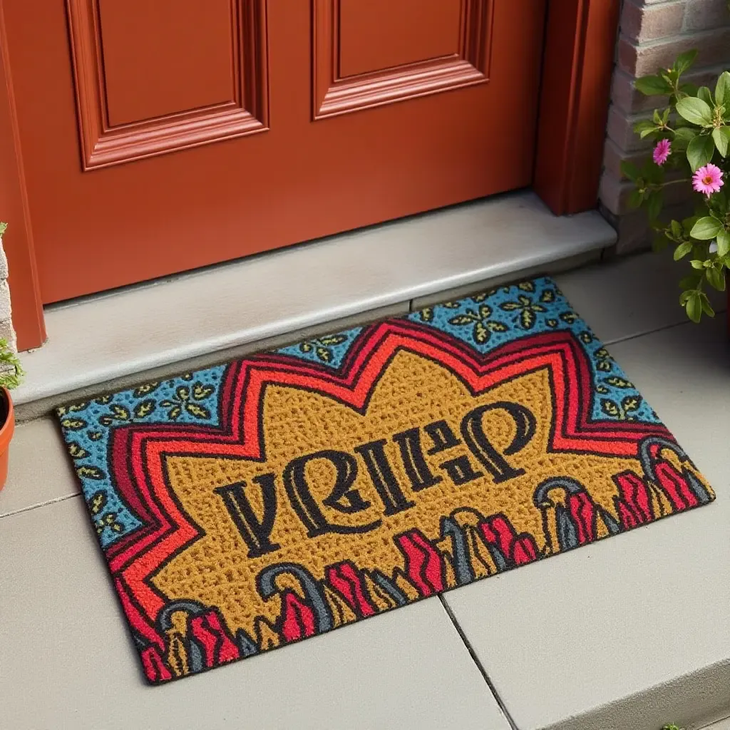 a photo of a colorful door mat with fun designs