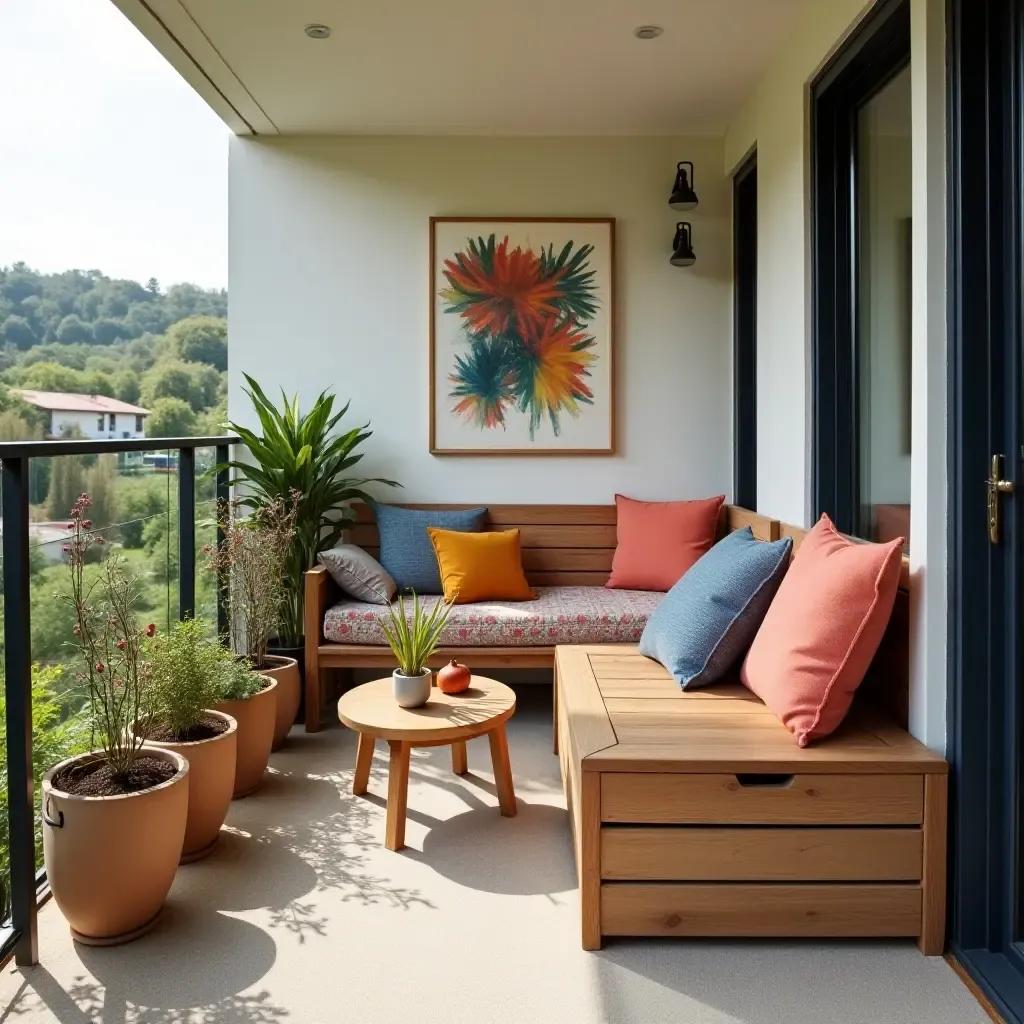 a photo of a balcony with colorful cushions and organized storage solutions