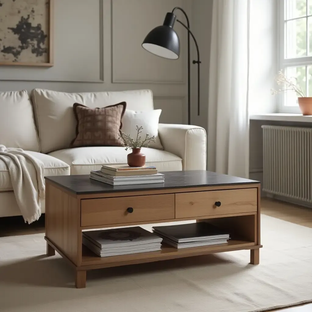 a photo of a chic coffee table with magazine storage underneath