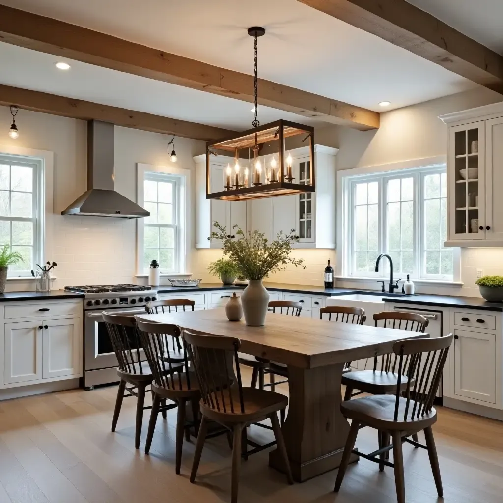 a photo of a kitchen with a farmhouse dining area and rustic chandelier