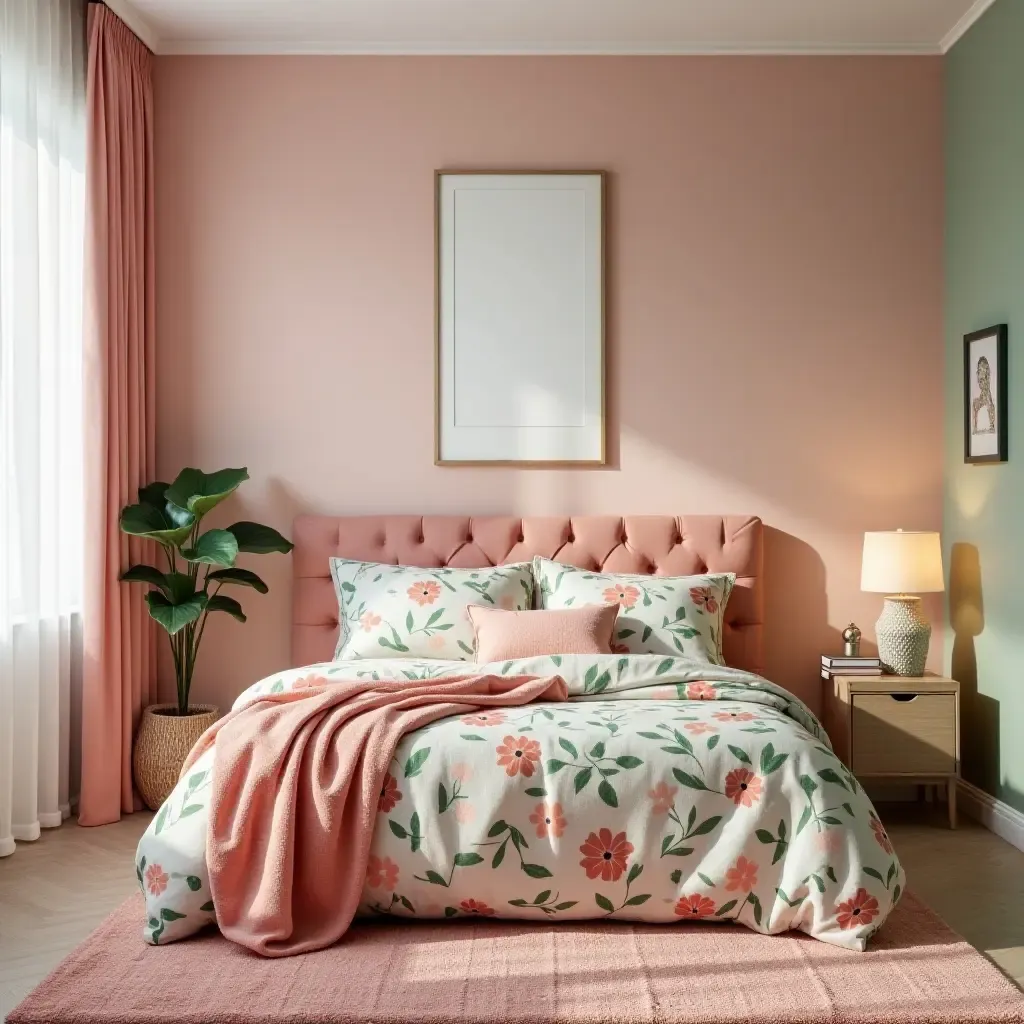 a photo of a cheerful pink and green bedroom with floral patterns