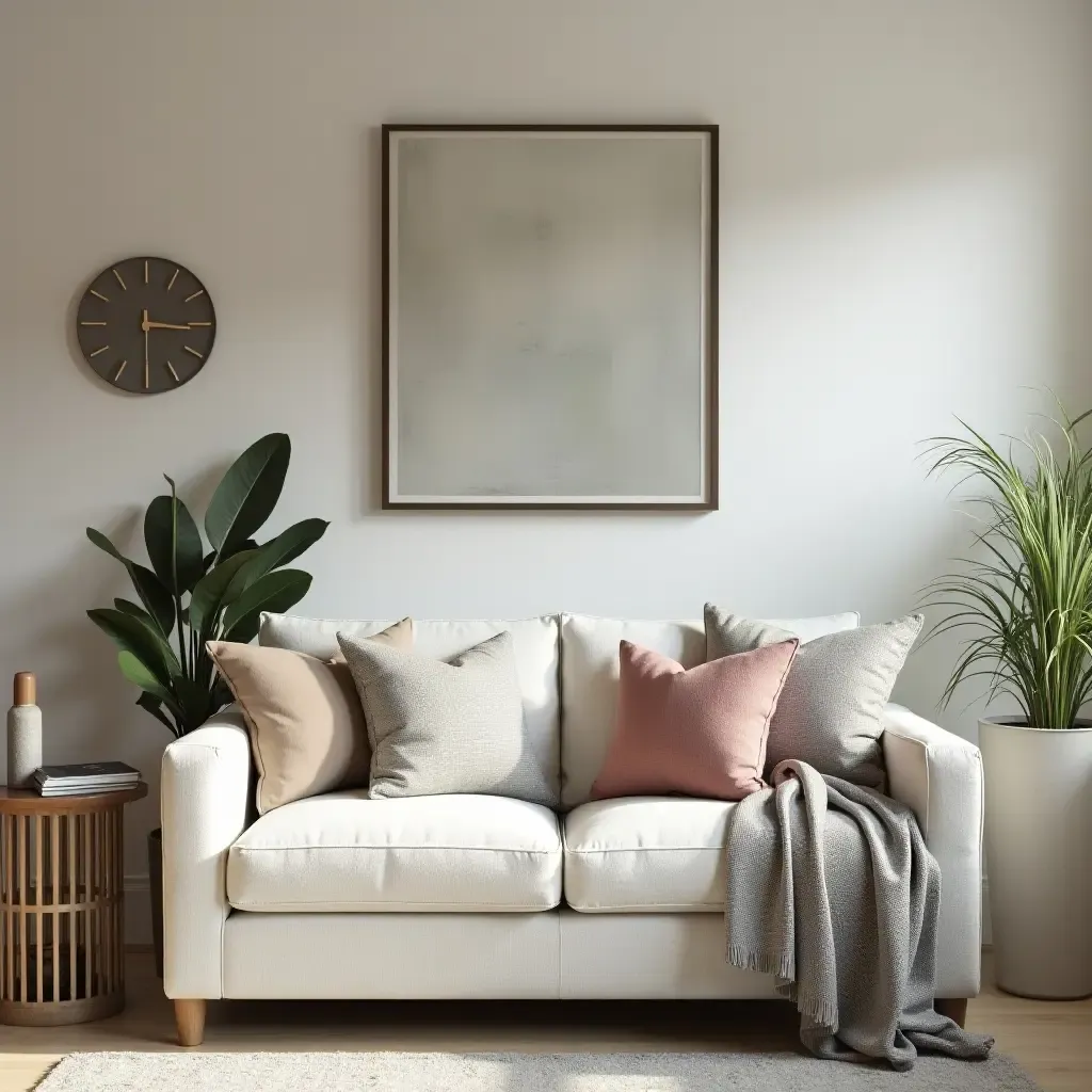 a photo of a welcoming entrance area with a plush loveseat and stylish throw pillows