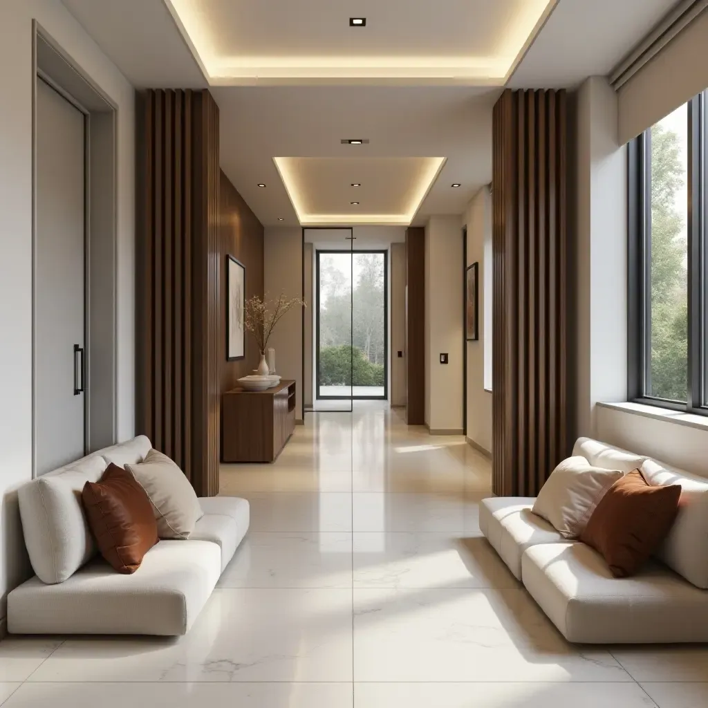 a photo of a sleek entrance hall with leather throw pillows on a contemporary sofa