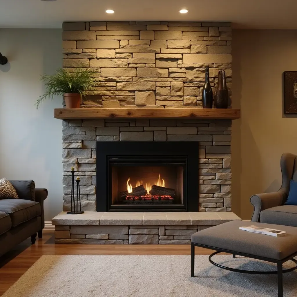 a photo of a cozy fireplace with stone and metal accents in a basement