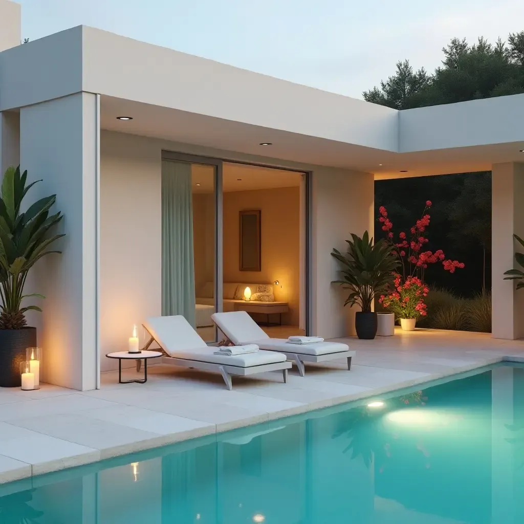 a photo of a minimalist poolside lounge with sleek furniture and soft lighting