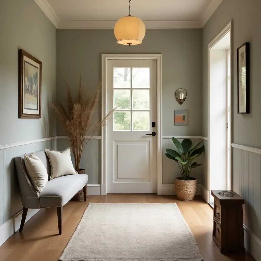 a photo of a charming vintage entryway with soft lighting and decor