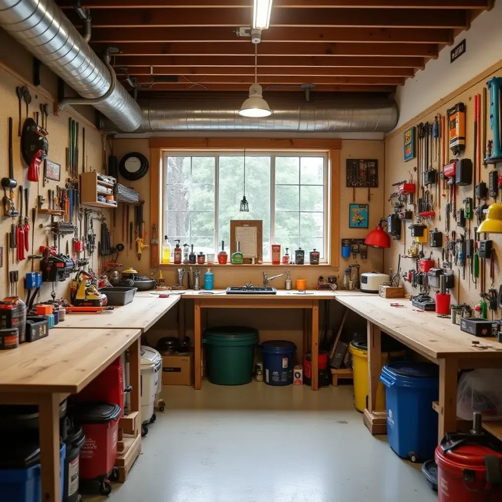 a photo of a basement workshop with colorful tools and creative organization ideas