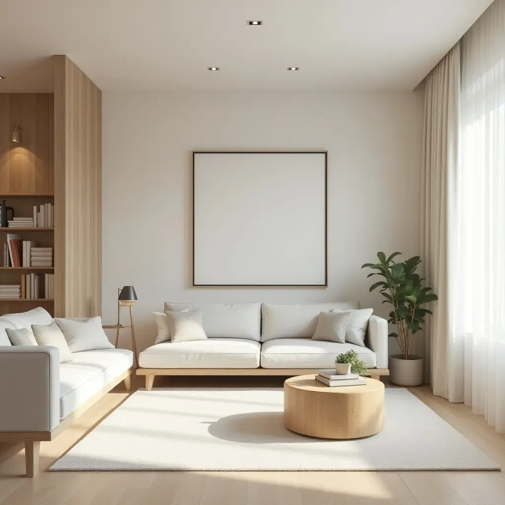 a photo of a serene living room featuring a neutral palette and natural wood elements